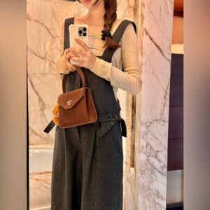 Grey Herringbone Wool-Blend Tailored Straight-Leg Overalls | Adjustable & Lined